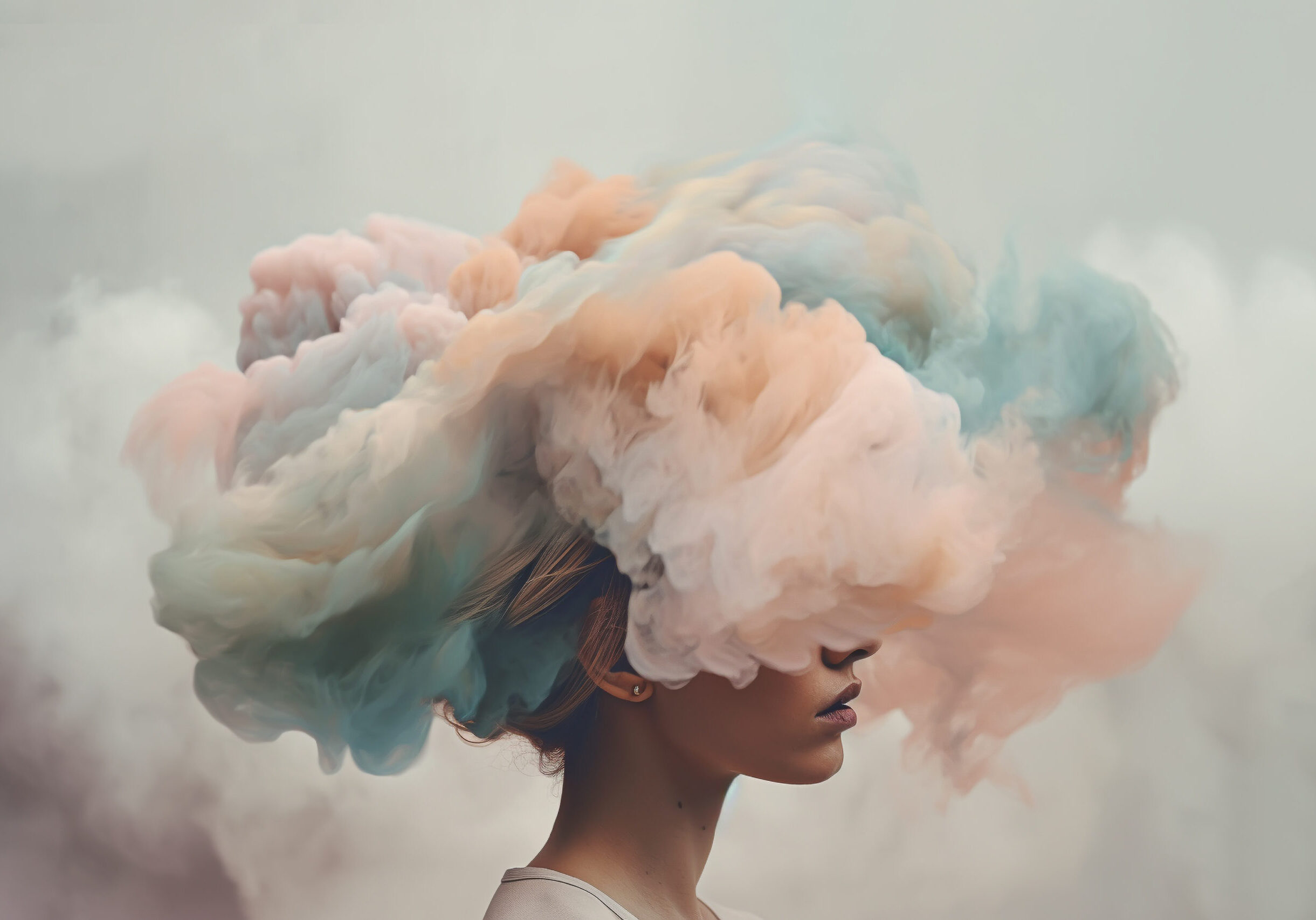 Portrait of unrecognizable woman with abstract pastel clouds over her head, concept of mental health, depression, emotions. Ai generated.